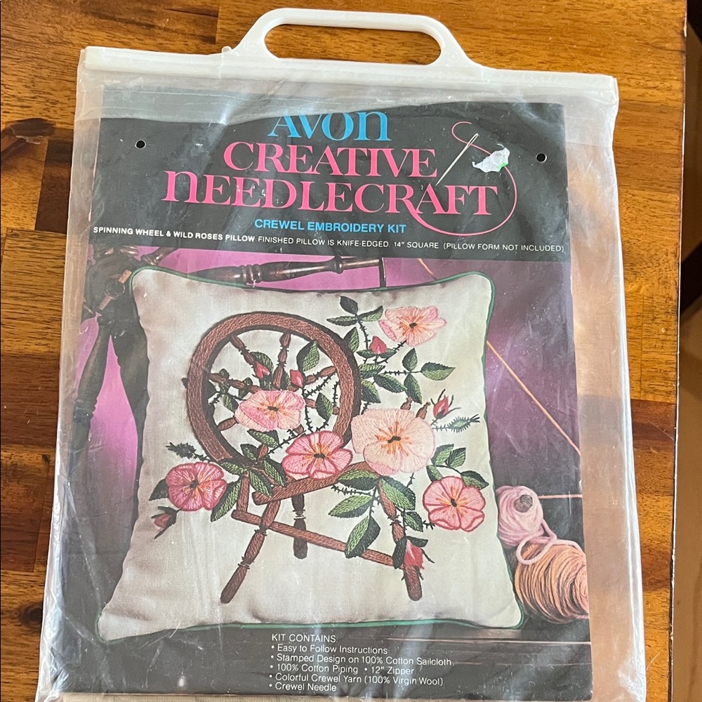 Vtg AVON Crewel Embroidery 14” Pillow Kit Spinning Wheel & Wild Roses NIP